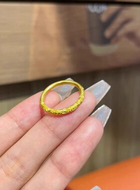 24K金古法紫荆花黄金戒指女浮雕素圈桃花纹金指环小红书爆款