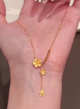 新款古法黄金色拉丝花朵流苏项链女高级感轻奢小众设计气质锁骨链