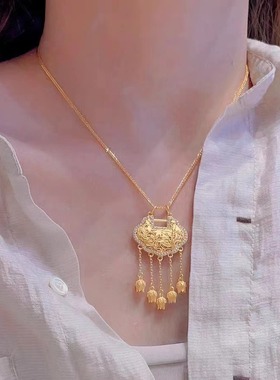 新款沙金古法满钻平安锁吊坠项链