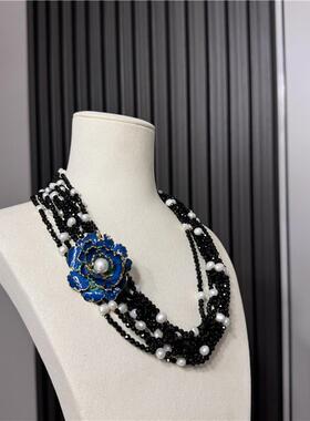 黑尖晶石镶嵌珍珠多层项链豪华女