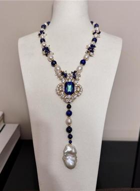 青金石毛衣链女蓝色首饰个性轻奢