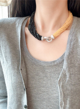 黑尖晶黄水晶多层锁骨链送女友