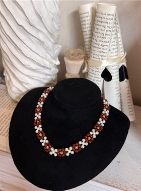 红玛瑙珍珠手工花朵百搭锁骨链女