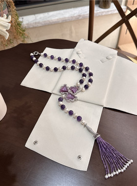 天然紫水晶搭配淡水珍珠毛衣链女