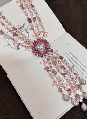 首饰豪华毛衣链女粉色多层巴洛克