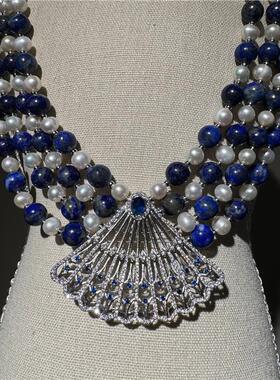 蓝色首饰女青金石名媛项链女多层