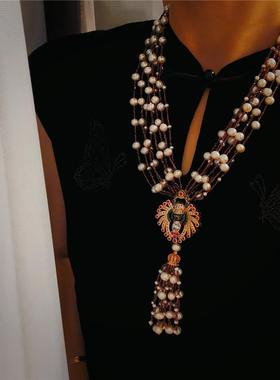 珍珠多层流苏毛衣链石榴石高贵女