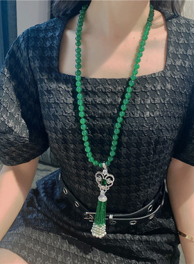 绿玛瑙长款流苏高端大气毛衣链