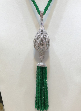 简约超美 银微镶锆石绿玛瑙流苏时尚长款女毛衣链  秋冬百搭包邮