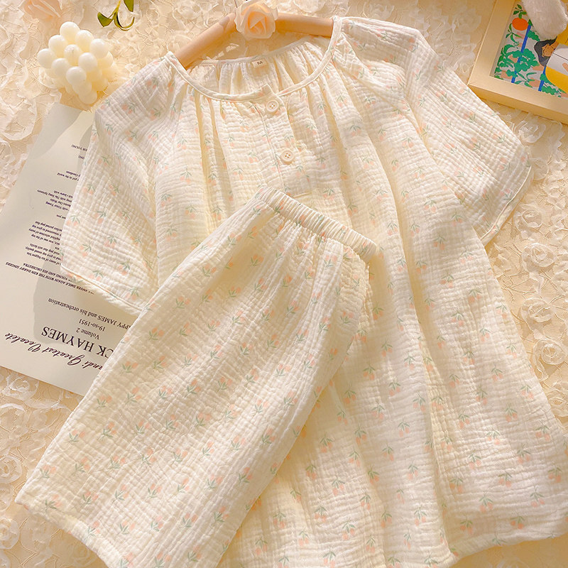 纯棉纱布睡衣女款夏天短袖短裤套装樱桃小碎花泡泡棉纱甜美家居服,淘宝优惠券,粉丝福利购,淘宝优惠卷