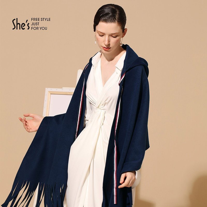 shes秋冬季气质连帽斗篷流苏披肩 shes饰品围巾/丝巾/披肩