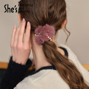 shes茜子轻简循迹柔软水貂毛工艺珍珠马尾发圈盘发绳皮筋发饰