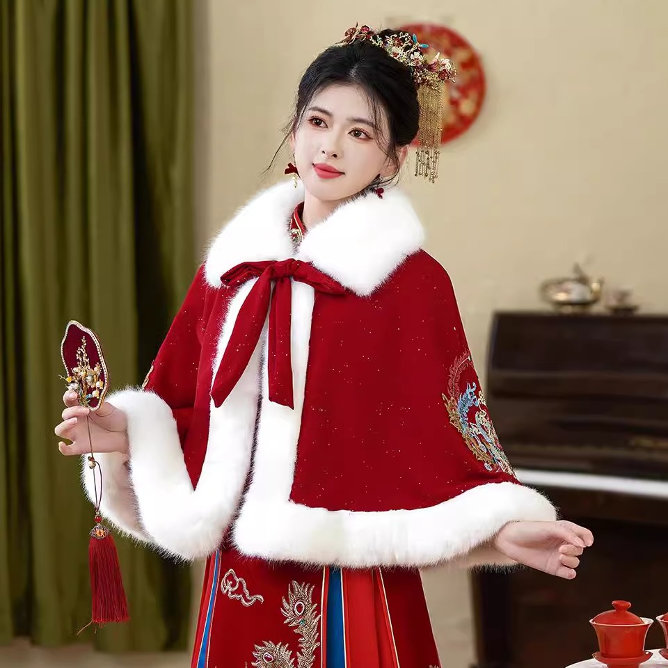 中式结婚礼新娘秀禾服披风斗篷旗袍敬酒服外套加厚保暖毛披肩冬季 - 图1