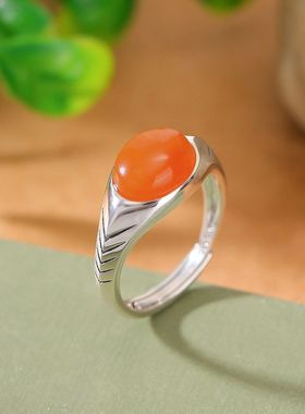 925纯银天然水红南红和田玉晴水玉复古简约蛋面戒指国风银指环