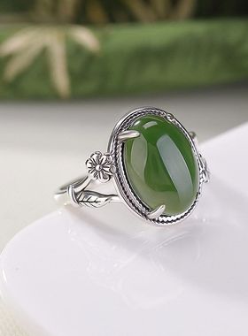 925纯银天然和田玉碧玉梅花蛋面椭圆新中式通体纯银戒指复古指环