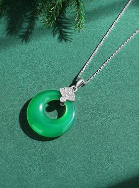 925纯银祥云绿色玉石平安扣项链锁骨链国潮复古玉髓如意锁新款