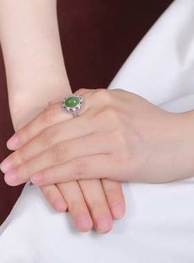 925纯银天然和田玉碧玉花纹钱币戒指女复古轻奢开口指环新款礼物