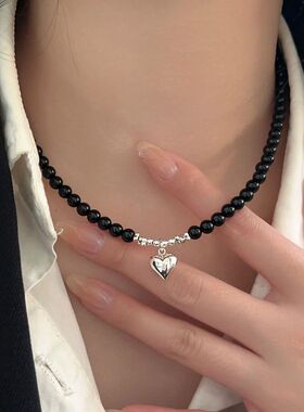 925纯银爱心复古黑玛瑙项链