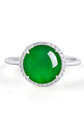 925纯银天然翡翠玉A货阳绿大蛋面戒指冰种玉石圆形简约指环女戒