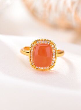 925纯银天然南红水红方形戒指几何轻奢简约显白时尚潮流银戒指