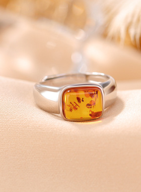 925纯银天然花珀方形戒指琥珀复古轻奢简约时尚感气质可调节指环