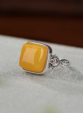 925纯银天然蜜蜡方形戒指民族风复古气质可调节指环2024年新款潮
