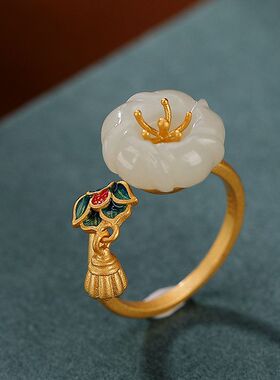 925纯银天然和田玉复古正品玉石花朵莲花开口女款戒指指环新款