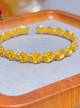 金色玫瑰花手镯手工立体雕刻轻奢百搭复古宫廷风通勤山茶花手环女