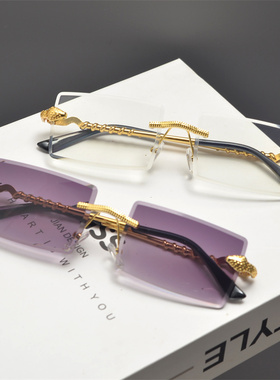 街拍长方形复古男女无框太阳镜