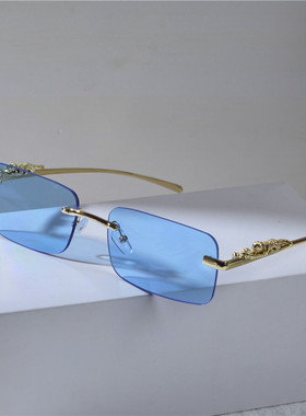 欧美复古长方形无框切边墨镜女潮时尚气质街拍凹造型显瘦太阳眼镜