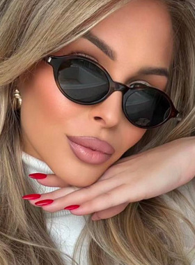 欧美复古椭圆形小框米钉太阳眼镜男女潮圆脸显瘦嘻哈街拍走秀墨镜