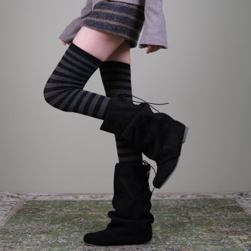 西岭“条纹日杂感”复古木质调条纹过膝大腿袜子女 - 图0