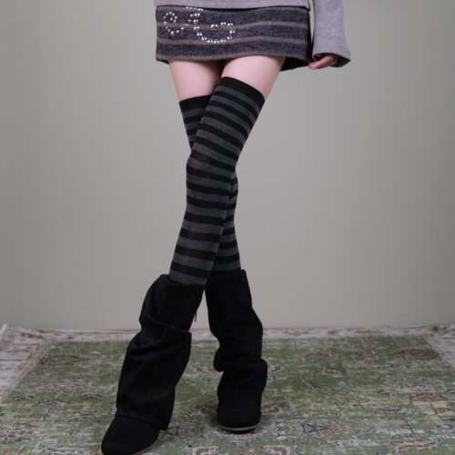 西岭“条纹日杂感”复古木质调条纹过膝大腿袜子女 - 图3