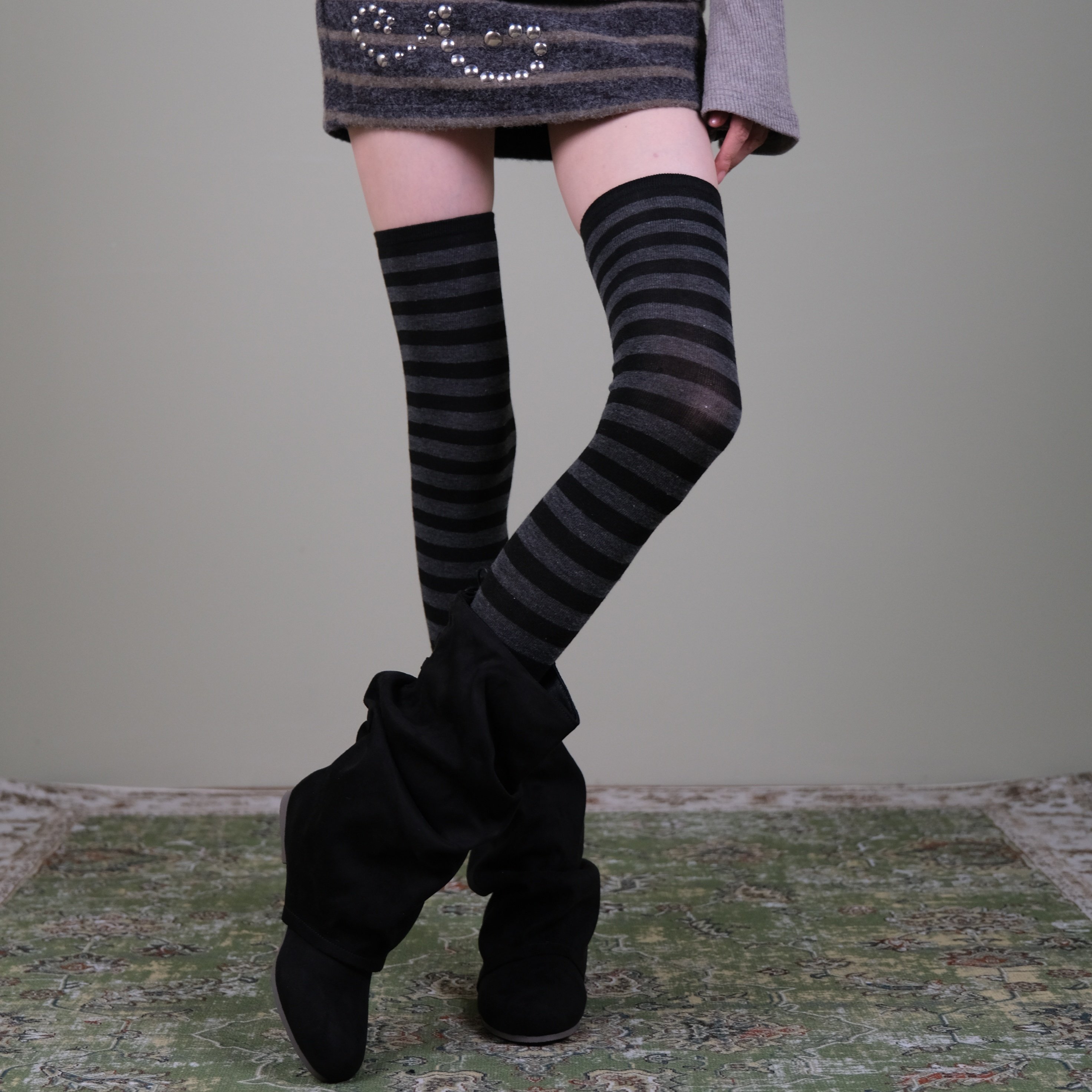 西岭“条纹日杂感”秋冬复古木质调条纹过膝大腿袜子女,淘宝优惠券,粉丝福利购,淘宝优惠卷