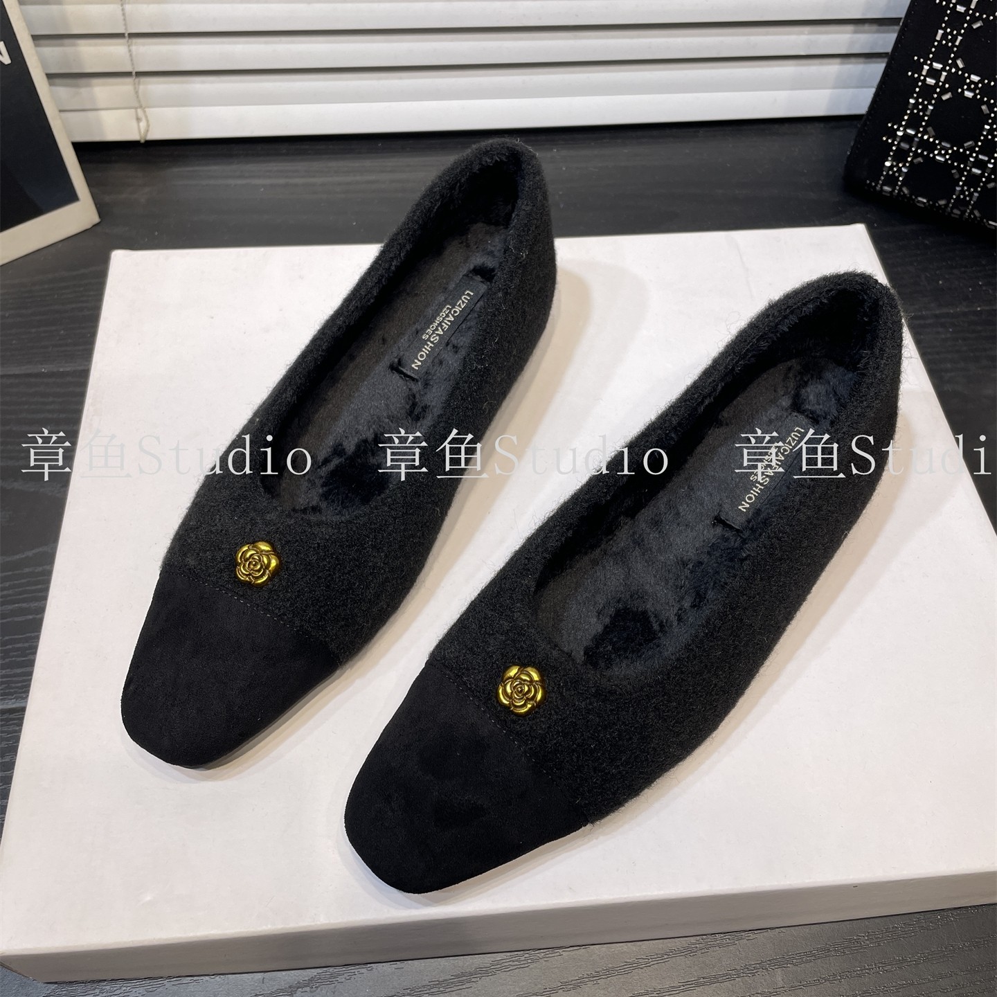 小香风山茶花拼色加绒浅口单鞋女内增高方头毛毛鞋金属扣芭蕾舞鞋,淘宝优惠券,粉丝福利购,淘宝优惠卷