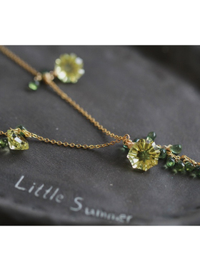 迎春花*天然烟花钻切多边形柠檬晶14K包金锁骨链绿磷灰石水滴项链