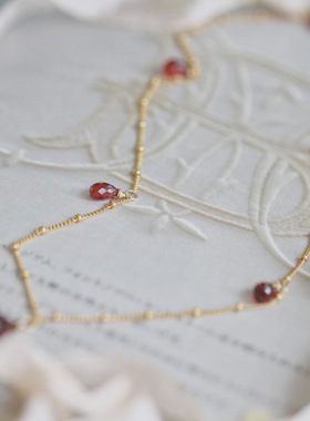 *小夏日*孤品*天然浓郁石榴石水滴14K包金锁骨链原创仙女豆豆链