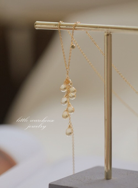 天然黄水晶水滴橄榄色金镶小钻14K包金流苏锁骨链女 浪漫仙女项链