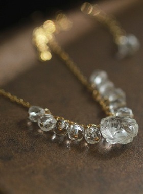 印度好品质天然全净体白水晶双面雕花14K包金锁骨链轻奢原创项链