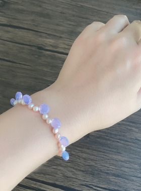 *小夏日*暗恋*薰衣草石英石天然淡水蜜粉珍珠925纯银手链仙女手串