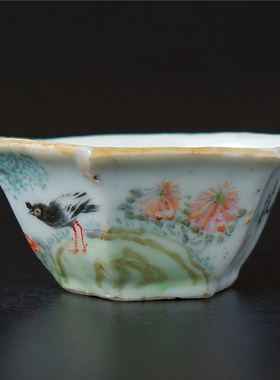 清代雕=笼名家振声浅绛彩花鸟六方盆   瓷器雅器收藏文人瓷