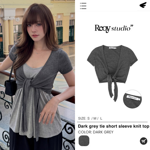 REOY Stu”韩系深灰色V领绑带针织开衫女修身BM叠穿短袖上衣坎肩 - 图2