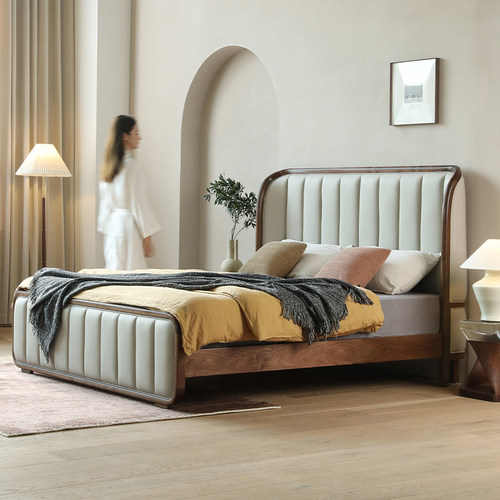 北美黑胡桃木实木床1.8米主卧真皮床意式轻奢高靠背软靠双人床1.5 - 图2