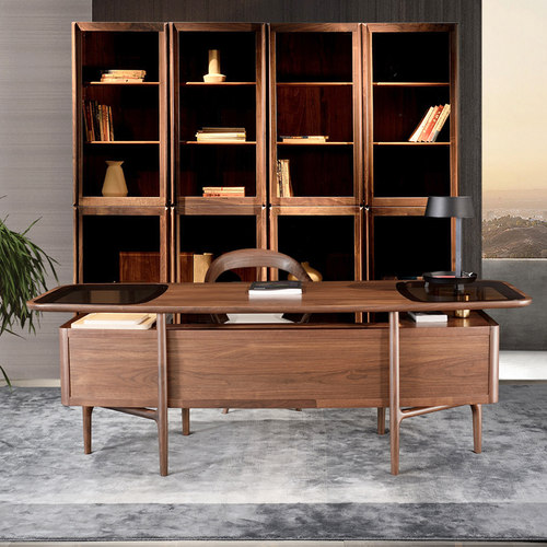 意式书橱书房置物柜子北美黑胡桃木书柜书架客厅实木玻璃门储物柜 - 图1