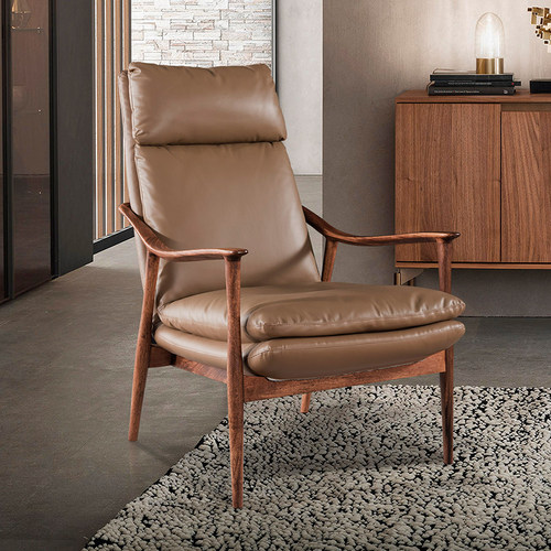 北欧单人沙发椅实木真皮单椅现代简约轻奢单人椅休闲皮椅子老虎椅 - 图0