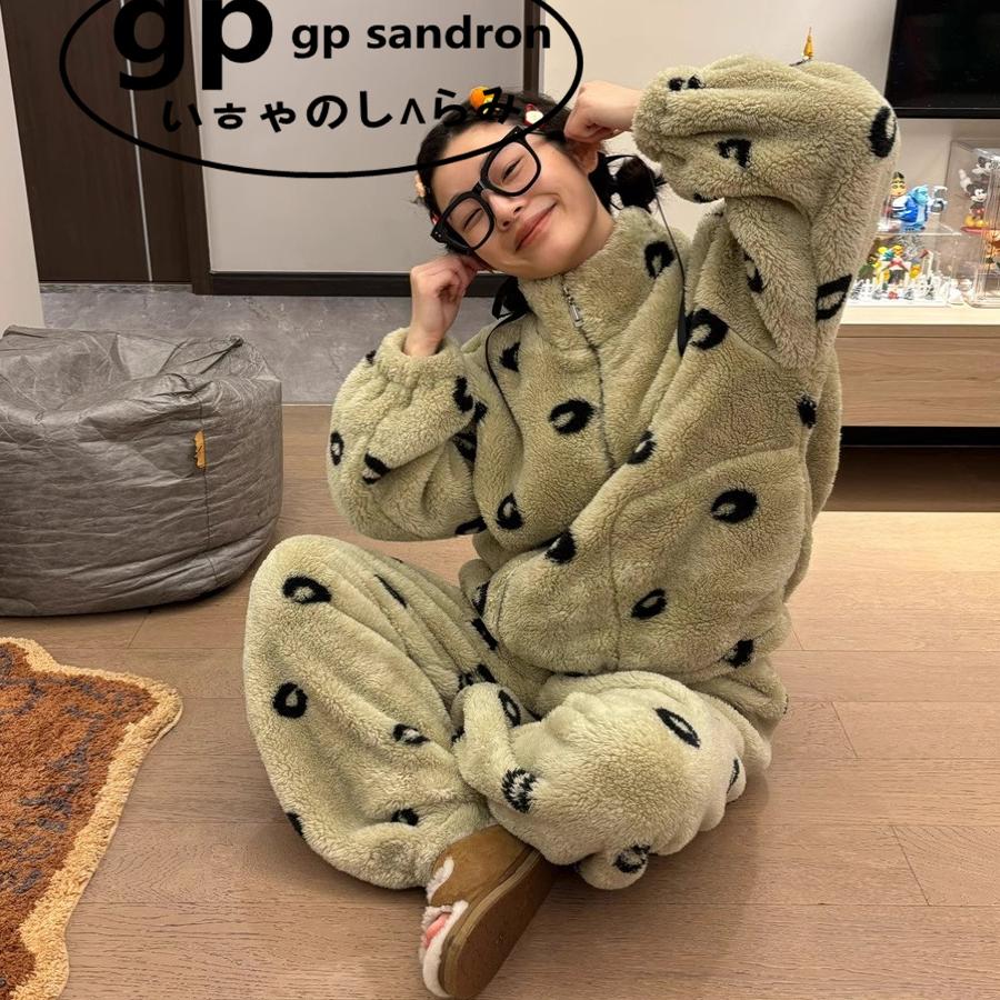 GP Sandron珊瑚绒睡衣女加绒加厚冬季保暖毛绒家居服少女大码套装 - 图0