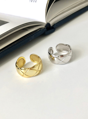 s925戒指简约个性菱形格纹镀金