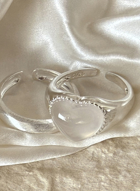 小众白玛瑙爱心拉丝素圈纯银戒指