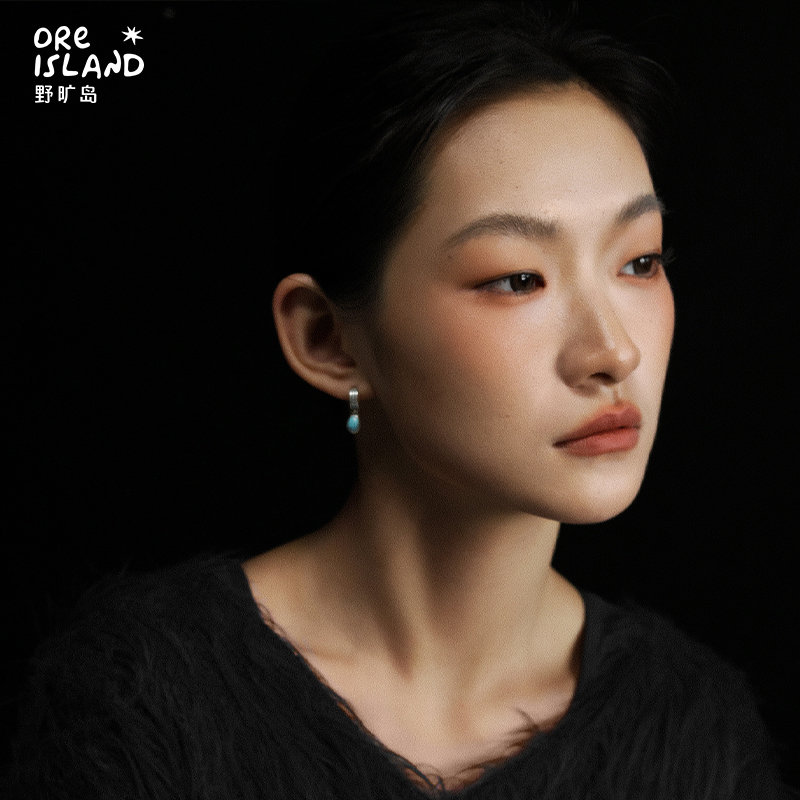 野矿岛925银绿松石简约耳饰耳钉镶嵌个性原创设计个性耳环帅气 - 图0