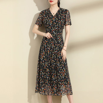 Ink Qinghua 2024 Summer New Product Versatile Slim Color Swing Skirt Mid-Length Short-Sleeved Georgette Dress for Women